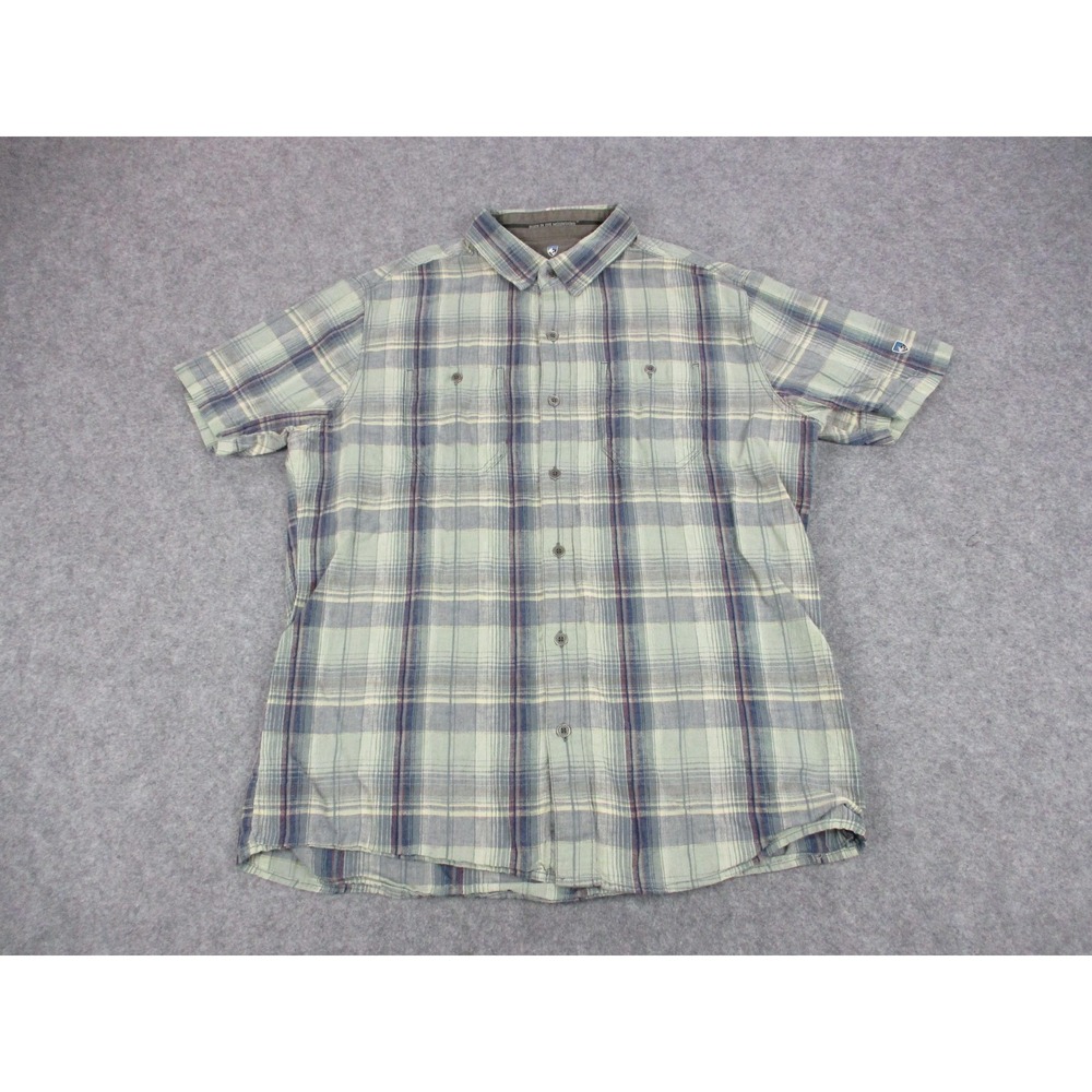 Kuhl Mens Medium Green Blue Plaid Short Sleeve Button Up Linen Cotton Shirt